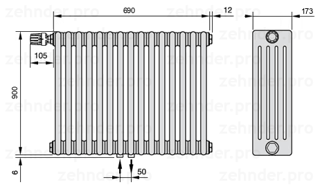 Схема (чертеж) Радиатор Zehnder Charleston 5090/15 №V007 Белый глянцевый RAL 9016